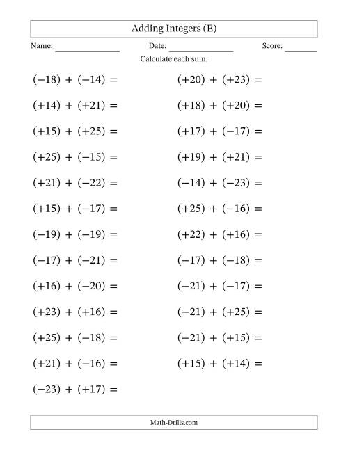 The Adding Mixed Integers from -25 to 25 (25 Questions; Large Print; All Parentheses) (E) Math Worksheet