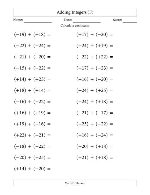 The Adding Mixed Integers from -25 to 25 (25 Questions; Large Print; All Parentheses) (F) Math Worksheet