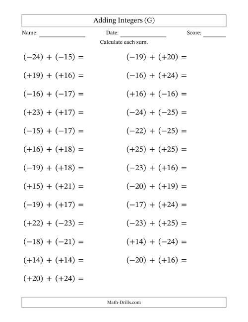 The Adding Mixed Integers from -25 to 25 (25 Questions; Large Print; All Parentheses) (G) Math Worksheet