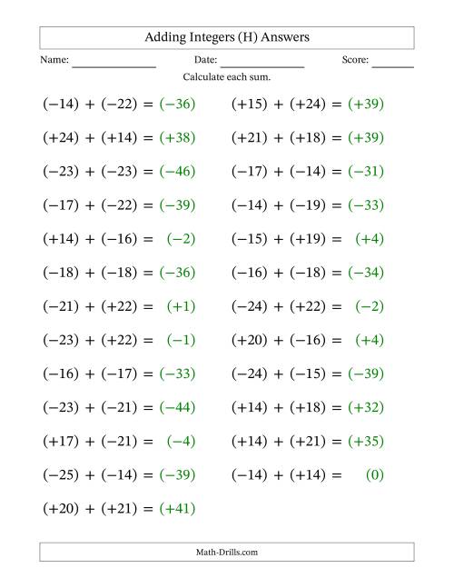 The Adding Mixed Integers from -25 to 25 (25 Questions; Large Print; All Parentheses) (H) Math Worksheet Page 2