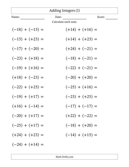 The Adding Mixed Integers from -25 to 25 (25 Questions; Large Print; All Parentheses) (I) Math Worksheet