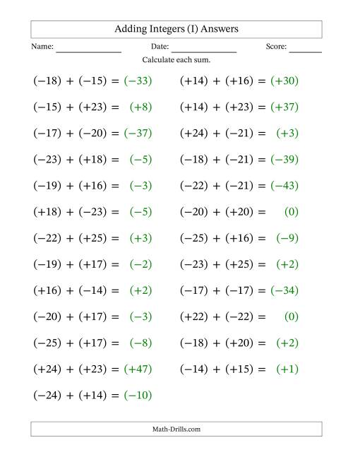 The Adding Mixed Integers from -25 to 25 (25 Questions; Large Print; All Parentheses) (I) Math Worksheet Page 2