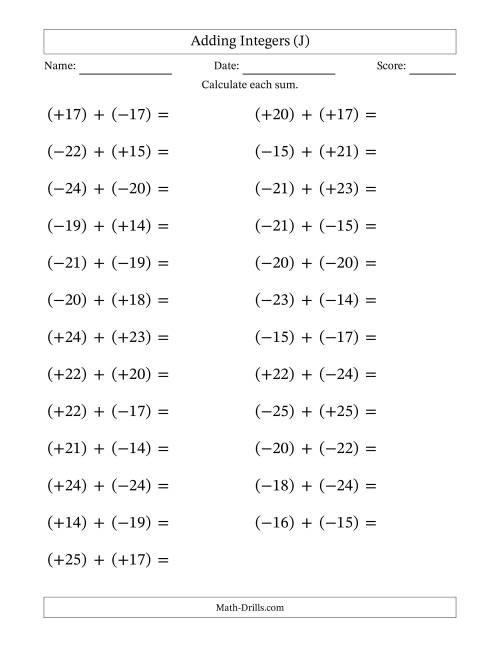 The Adding Mixed Integers from -25 to 25 (25 Questions; Large Print; All Parentheses) (J) Math Worksheet