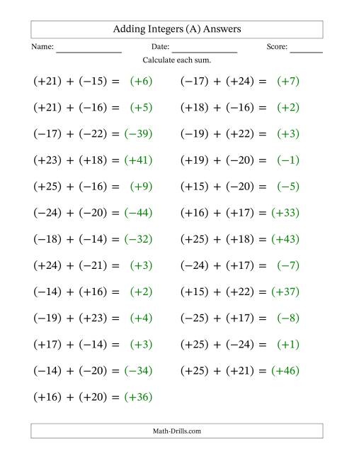 The Adding Mixed Integers from -25 to 25 (25 Questions; Large Print; All Parentheses) (All) Math Worksheet Page 2