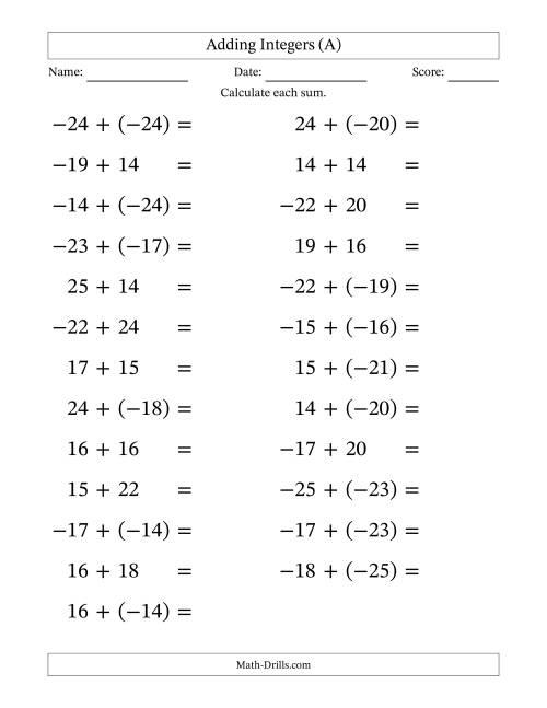 The Adding Mixed Integers from -25 to 25 (25 Questions; Large Print) (A) Math Worksheet