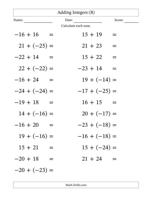 The Adding Mixed Integers from -25 to 25 (25 Questions; Large Print) (B) Math Worksheet