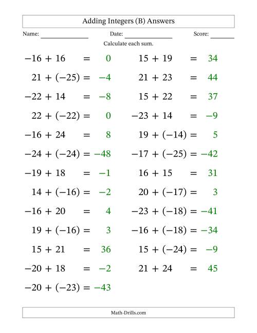 The Adding Mixed Integers from -25 to 25 (25 Questions; Large Print) (B) Math Worksheet Page 2