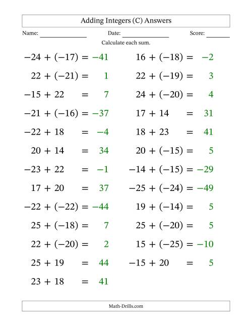 The Adding Mixed Integers from -25 to 25 (25 Questions; Large Print) (C) Math Worksheet Page 2