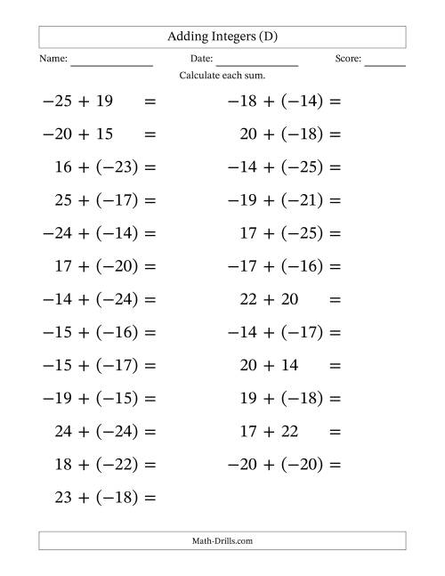 The Adding Mixed Integers from -25 to 25 (25 Questions; Large Print) (D) Math Worksheet