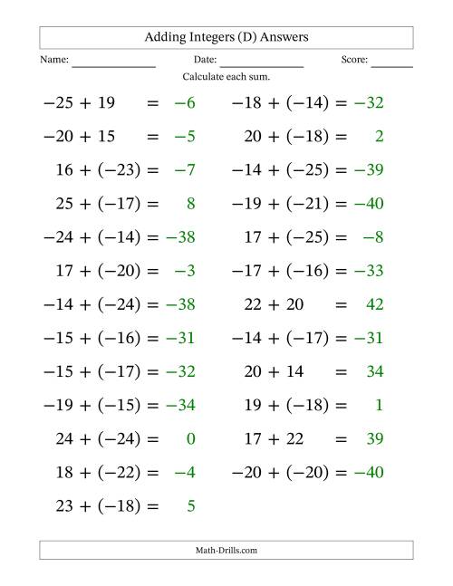 The Adding Mixed Integers from -25 to 25 (25 Questions; Large Print) (D) Math Worksheet Page 2