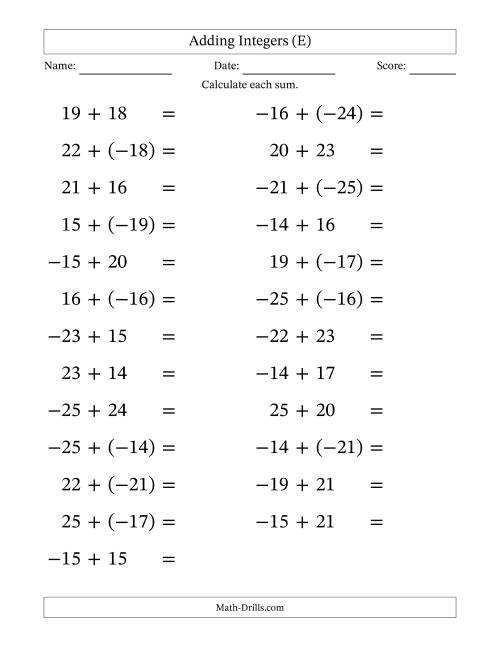 The Adding Mixed Integers from -25 to 25 (25 Questions; Large Print) (E) Math Worksheet