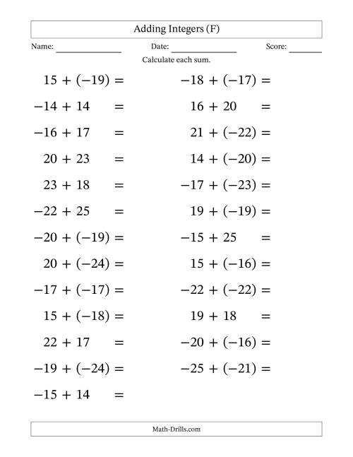 The Adding Mixed Integers from -25 to 25 (25 Questions; Large Print) (F) Math Worksheet