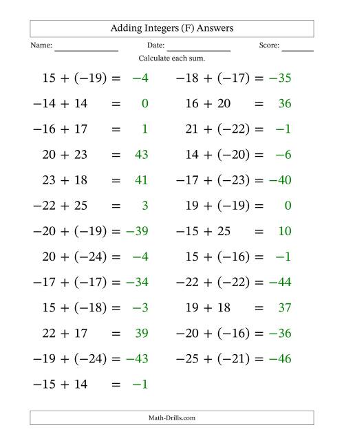 The Adding Mixed Integers from -25 to 25 (25 Questions; Large Print) (F) Math Worksheet Page 2