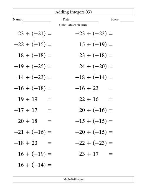 The Adding Mixed Integers from -25 to 25 (25 Questions; Large Print) (G) Math Worksheet