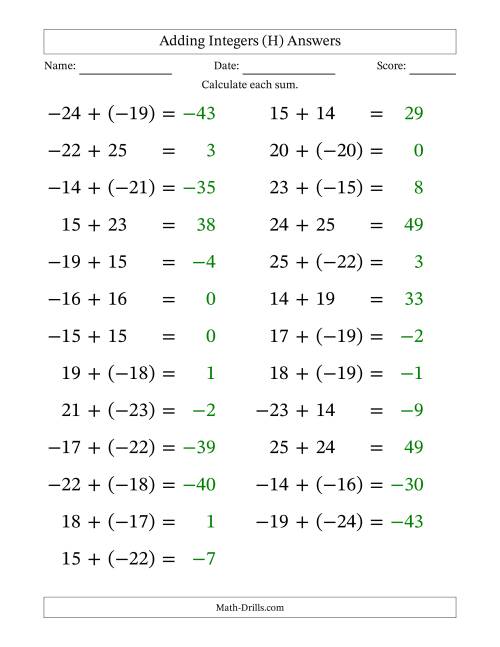 The Adding Mixed Integers from -25 to 25 (25 Questions; Large Print) (H) Math Worksheet Page 2