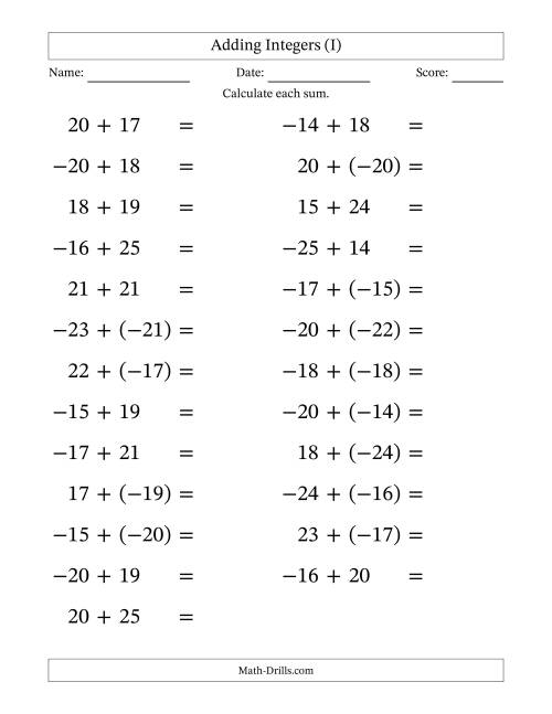 The Adding Mixed Integers from -25 to 25 (25 Questions; Large Print) (I) Math Worksheet