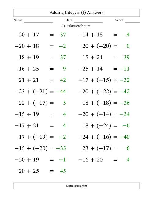 The Adding Mixed Integers from -25 to 25 (25 Questions; Large Print) (I) Math Worksheet Page 2