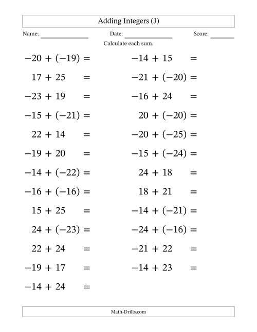 The Adding Mixed Integers from -25 to 25 (25 Questions; Large Print) (J) Math Worksheet