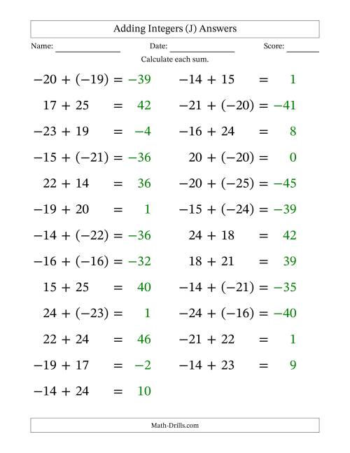 The Adding Mixed Integers from -25 to 25 (25 Questions; Large Print) (J) Math Worksheet Page 2