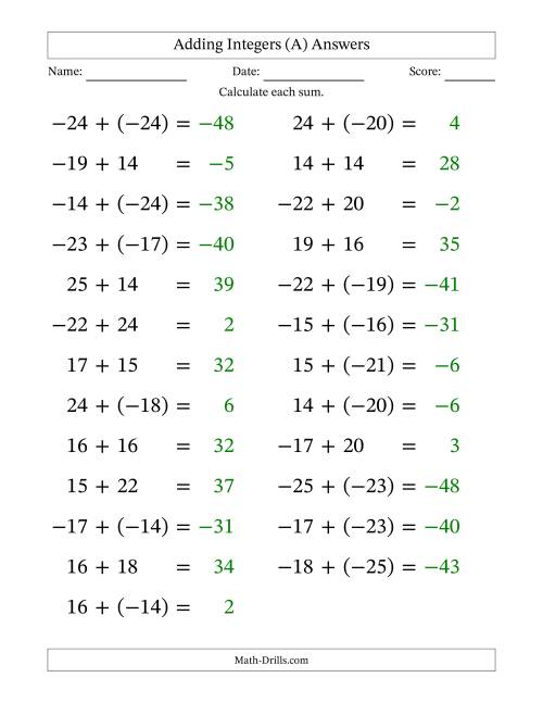 The Adding Mixed Integers from -25 to 25 (25 Questions; Large Print) (All) Math Worksheet Page 2
