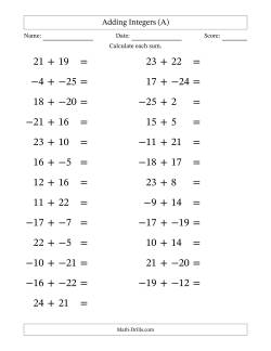 Adding Mixed Integers from -25 to 25 (25 Questions; Large Print; No Parentheses)