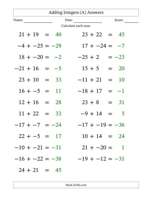 The Adding Mixed Integers from -25 to 25 (25 Questions; Large Print; No Parentheses) (A) Math Worksheet Page 2
