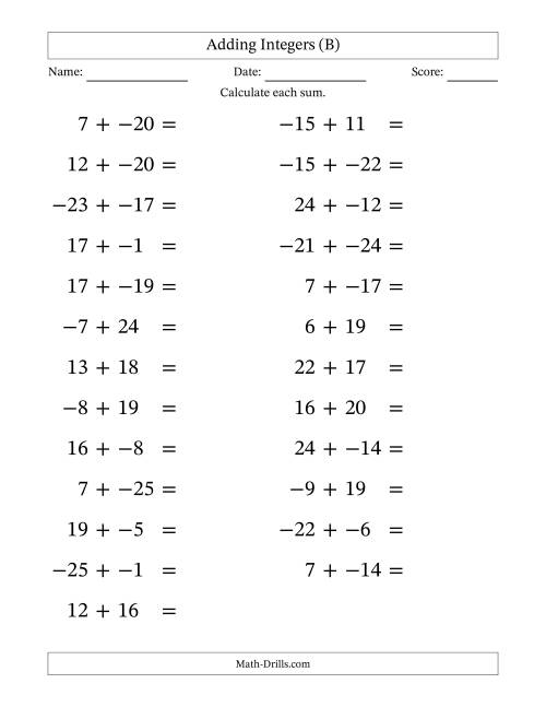 The Adding Mixed Integers from -25 to 25 (25 Questions; Large Print; No Parentheses) (B) Math Worksheet