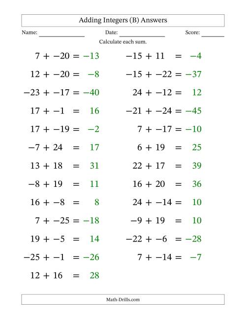 The Adding Mixed Integers from -25 to 25 (25 Questions; Large Print; No Parentheses) (B) Math Worksheet Page 2