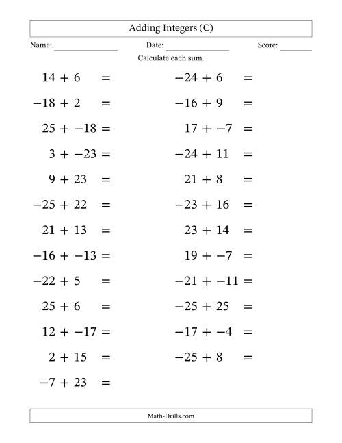 The Adding Mixed Integers from -25 to 25 (25 Questions; Large Print; No Parentheses) (C) Math Worksheet