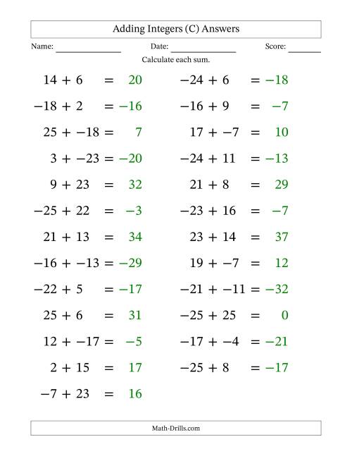 The Adding Mixed Integers from -25 to 25 (25 Questions; Large Print; No Parentheses) (C) Math Worksheet Page 2