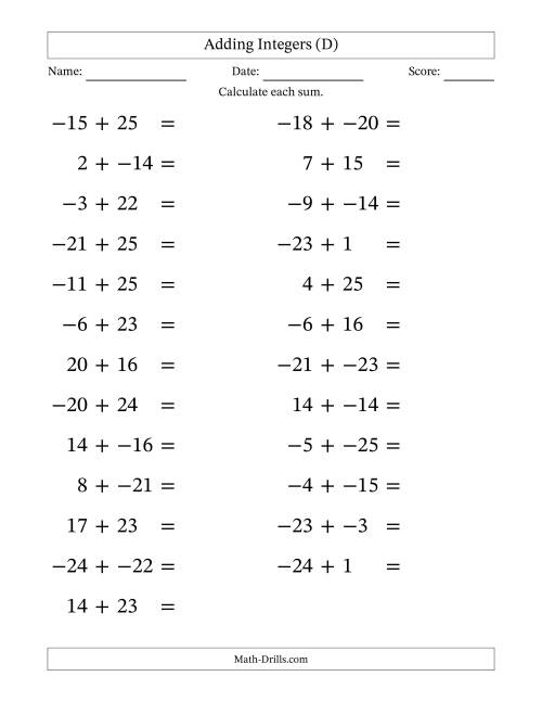 The Adding Mixed Integers from -25 to 25 (25 Questions; Large Print; No Parentheses) (D) Math Worksheet