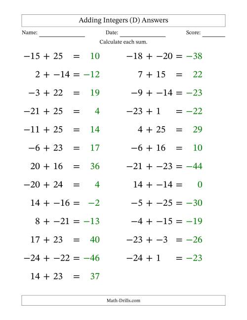 The Adding Mixed Integers from -25 to 25 (25 Questions; Large Print; No Parentheses) (D) Math Worksheet Page 2