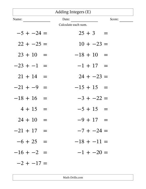 The Adding Mixed Integers from -25 to 25 (25 Questions; Large Print; No Parentheses) (E) Math Worksheet