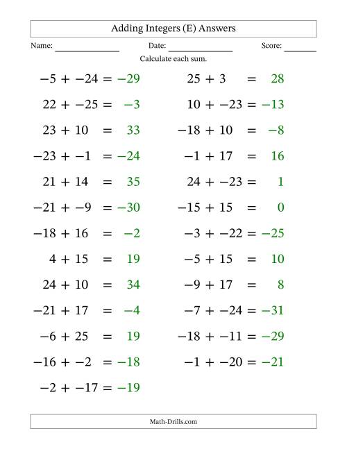 The Adding Mixed Integers from -25 to 25 (25 Questions; Large Print; No Parentheses) (E) Math Worksheet Page 2