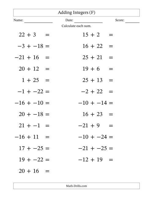 The Adding Mixed Integers from -25 to 25 (25 Questions; Large Print; No Parentheses) (F) Math Worksheet