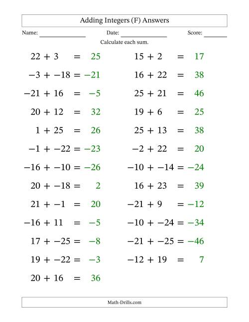 The Adding Mixed Integers from -25 to 25 (25 Questions; Large Print; No Parentheses) (F) Math Worksheet Page 2