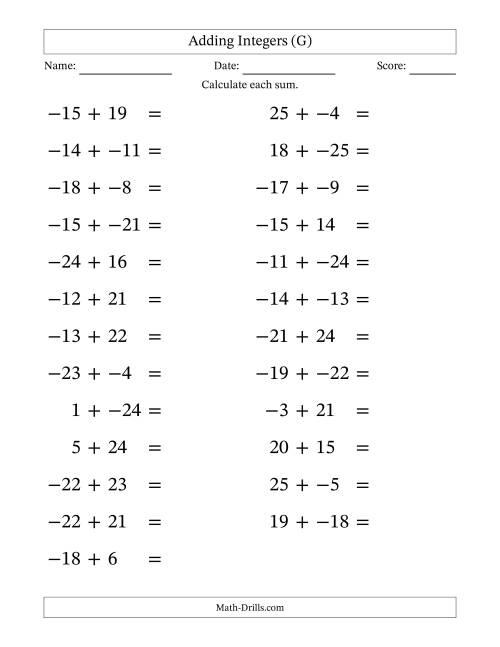 The Adding Mixed Integers from -25 to 25 (25 Questions; Large Print; No Parentheses) (G) Math Worksheet