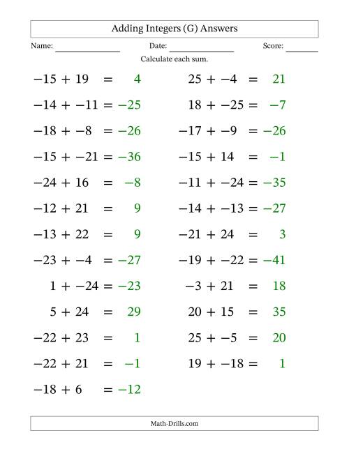 The Adding Mixed Integers from -25 to 25 (25 Questions; Large Print; No Parentheses) (G) Math Worksheet Page 2