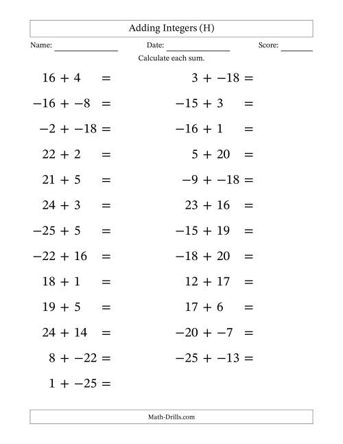 The Adding Mixed Integers from -25 to 25 (25 Questions; Large Print; No Parentheses) (H) Math Worksheet