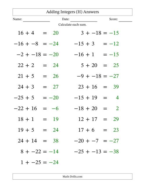 The Adding Mixed Integers from -25 to 25 (25 Questions; Large Print; No Parentheses) (H) Math Worksheet Page 2