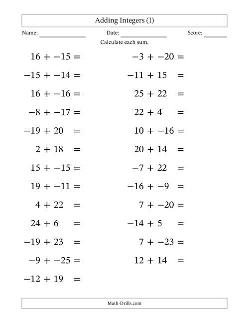 The Adding Mixed Integers from -25 to 25 (25 Questions; Large Print; No Parentheses) (I) Math Worksheet