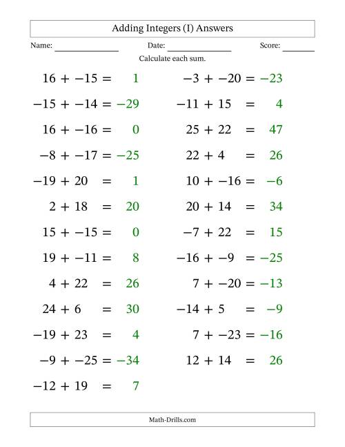 The Adding Mixed Integers from -25 to 25 (25 Questions; Large Print; No Parentheses) (I) Math Worksheet Page 2