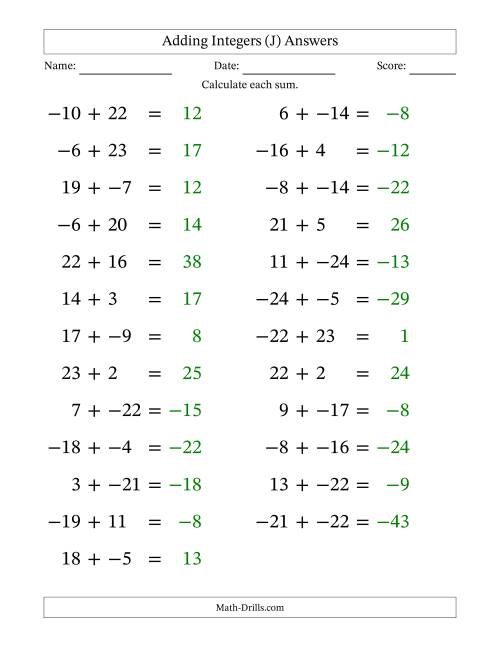 The Adding Mixed Integers from -25 to 25 (25 Questions; Large Print; No Parentheses) (J) Math Worksheet Page 2