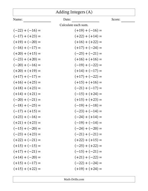 The Adding Mixed Integers from -25 to 25 (50 Questions; All Parentheses) (A) Math Worksheet