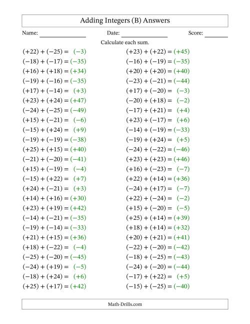 The Adding Mixed Integers from -25 to 25 (50 Questions; All Parentheses) (B) Math Worksheet Page 2