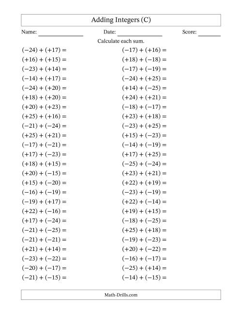 The Adding Mixed Integers from -25 to 25 (50 Questions; All Parentheses) (C) Math Worksheet