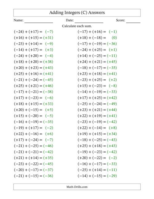 The Adding Mixed Integers from -25 to 25 (50 Questions; All Parentheses) (C) Math Worksheet Page 2
