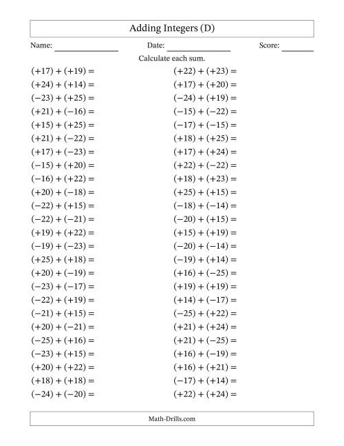 The Adding Mixed Integers from -25 to 25 (50 Questions; All Parentheses) (D) Math Worksheet