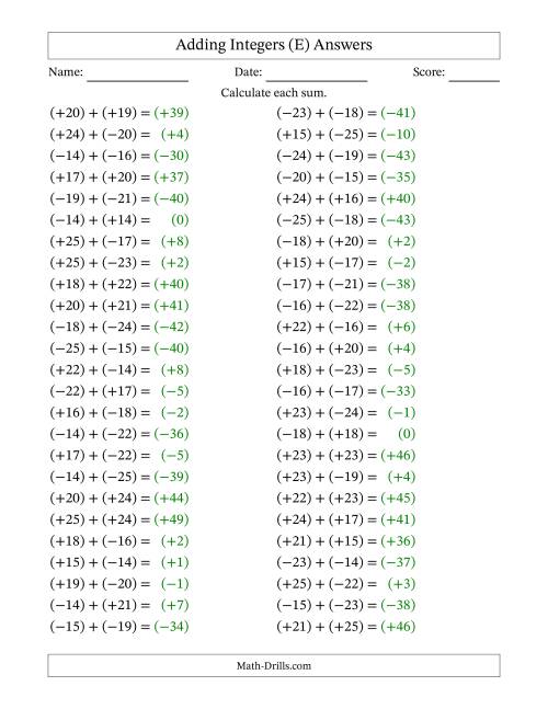 The Adding Mixed Integers from -25 to 25 (50 Questions; All Parentheses) (E) Math Worksheet Page 2