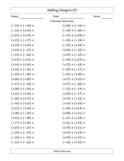 The Adding Mixed Integers from -25 to 25 (50 Questions; All Parentheses) (F) Math Worksheet